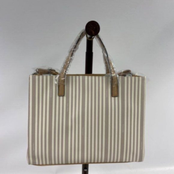 Tahari Womens Sand/Gray Striped Vegan Leather Double Handle Satchel Tote Handbag - Picture 5 of 6